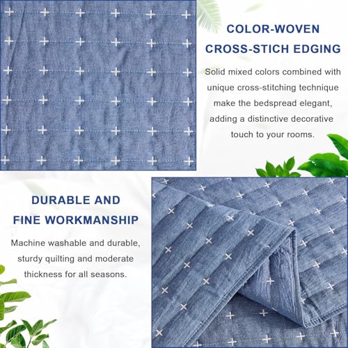 ENJOHOS Blue 100% Cotton Linen Twin Quilt Set, Twin Bedspread Coverlet, Twin Size Quilt Bedding Set, Reversible Lightweight Bed Quilt with Shams for Girl Boy Kid (2 Pieces, 68"x86") ENJOHOS
