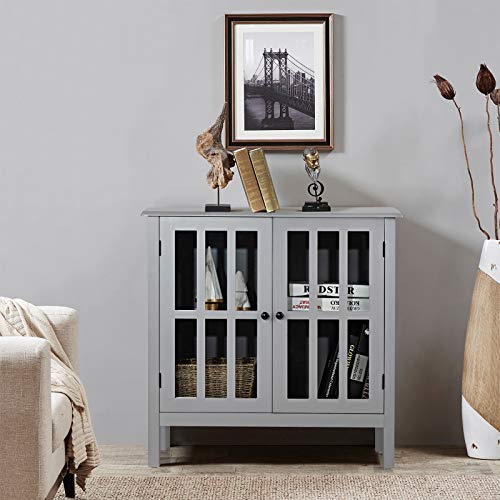 Tangkula Sideboard Buffet Storage Cabinet, with 2 Glass Doors, Liquor Curio Cabinet for Home Kitchen Dining Room, Cupboard Console Table (Grey) Tangkula