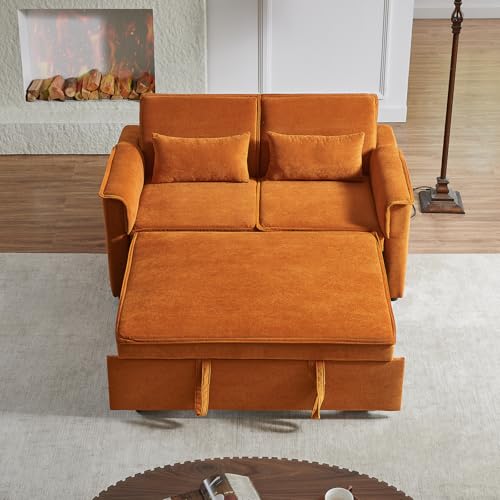 Modern Convertible Sofa Couch Bed, USB Ports, 3 in 1 Velvet Sleeper Sofa Pull Out Bed for Living Room Apartment Small, Widen Armrest Reclining Sofa Futon Adjustable Backrest with 2 Pillows(Orange) Deolme