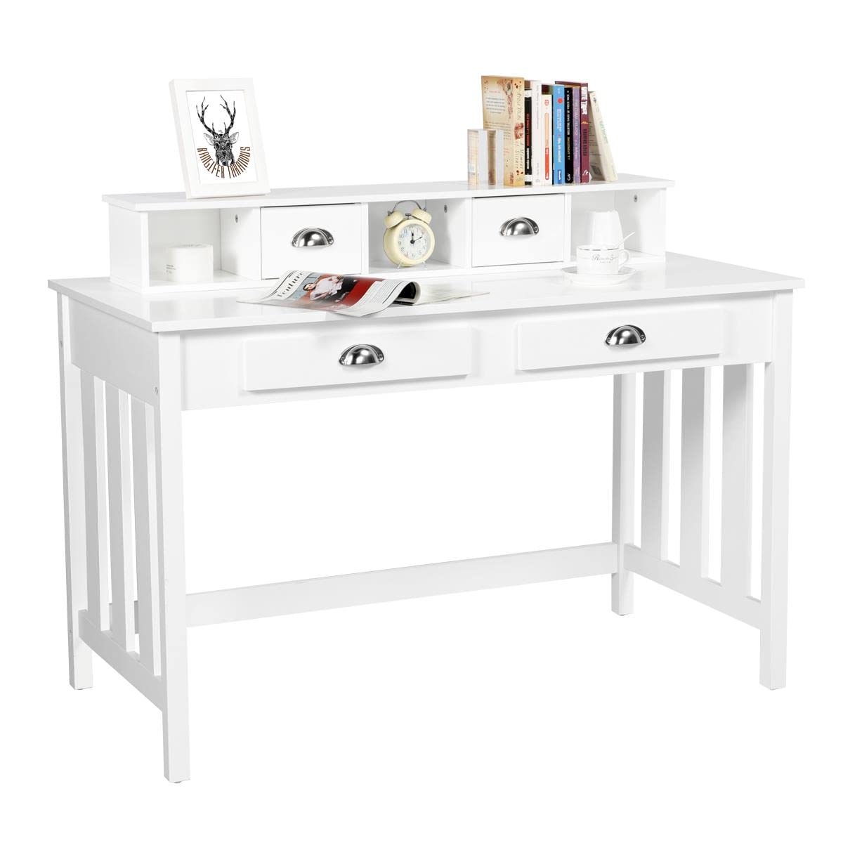 Yaheetech 47 in Large Writing Computer Desk with Drawers Home Office Desk, Wood Frame Secretary Desk for Home Office with Large Desktop, Modern Workstation with Removable Floating Organizer, White Yaheetech