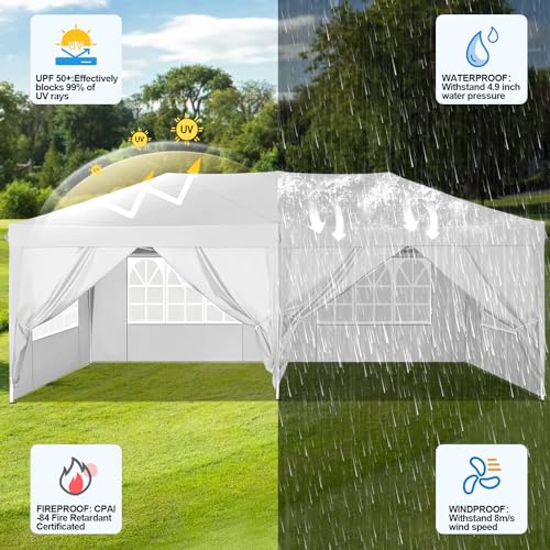 COBIZI 10x20 Pop Up Canopy Tent with 6 Sidewalls for Parties, Waterproof Camping, Ez Up Party Tent, Outdoor Portable Gazebo for Backyard, Commercial Event, White COBIZI