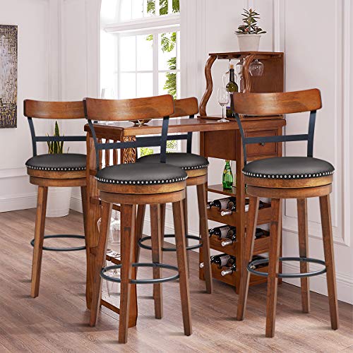 COSTWAY Bar Stools Set of 4, 360-Degree Swivel Stools with Leather Padded Seat, Single Slat Ladder Back & Solid Rubber Wood Legs, Bar Height Stools for Pub, Restaurant, Kitchen, Brown (4, 30.5) COSTWAY