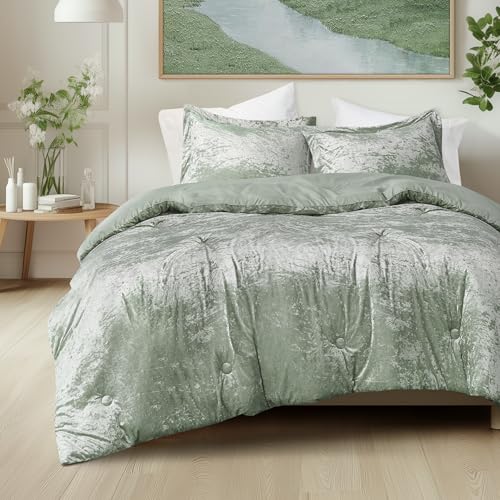 Comfort Spaces Luxe Queen Comforter Set Velvet Comforters for Queen Size Bed, Microfiber Reverse, Juliette, All Season Velvet Bedding Queen Size, Fluffy Bed Set, Sham, Full/Queen, Sage Green 3 Piece Comfort Spaces