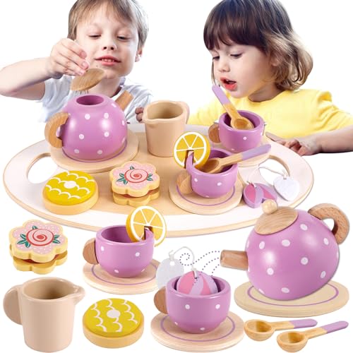 BUYGER Wooden Tea Party Set for Toddler Little Girls 3-5 with Teapot Tea Cup Set Wooden Play Food Toy Kitchen Accessories for Kids Girls Children Boys Toddler… Buyger