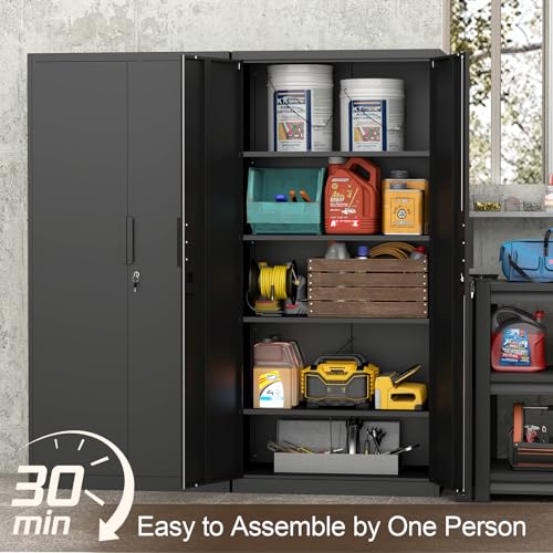 GREATMEET Metal Garage Storage Cabinets, 72" H Locking Garage Cabinets with 2 Doors and 4 Shelves, Utility Cabinet for Office, Garage, Home, Gym, School, Black GREATMEET