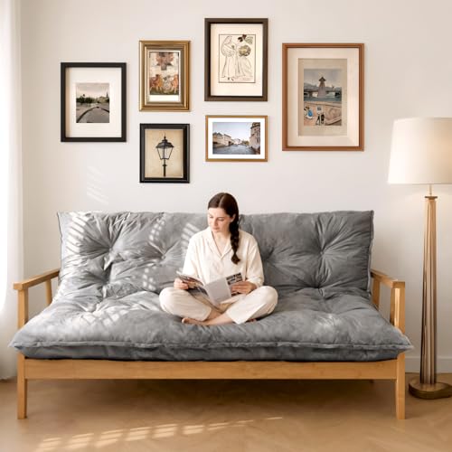 KOSRLY 6" Futon Mattress Full Size, Tufted Futons Sofa Couch Bed with Twisted Rope Design Edging,Versatile Floor Mattress for Adults,Shredded Foam Filling (Frame Not Included Gray, Full) KOSRLY
