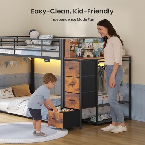 ADORNEVE Low Bunk Bed Twin Over Twin with Bookshelf, 4 Storage Drawers, Metal Kids Bunk Bed with Power Outlet & RGB Lights, Clothing Rack & Shelves, Safety Guardrail & Ladder, Black ADORNEVE