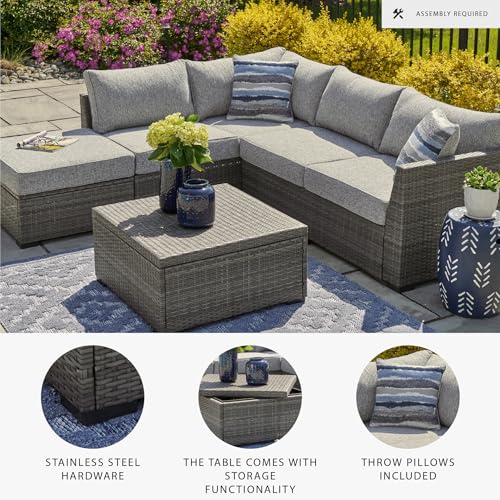 Signature Design by Ashley Petal Road Casual Weather Resistant Cushioned Outdoor Loveseat Sectional/Ottoman/Table Set with 2 Throw Pillows, Set of 4, Gray Signature Design by Ashley