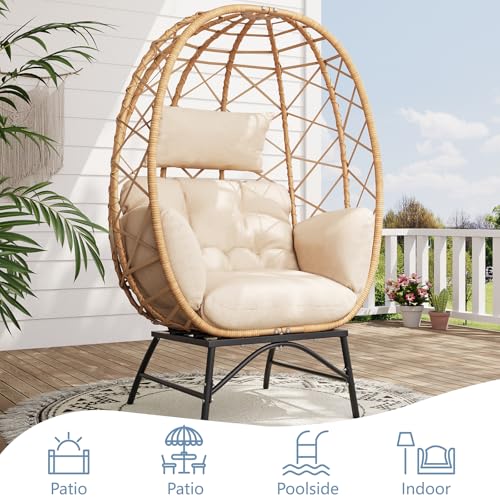 SWITTE Wicker Egg Chair Outdoor, Oversized Patio Lounge Chairs with Cushion for Indoor Living Room, Bedroom, Outside Backyard Balcony-Beige SWITTE