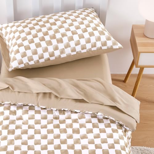 Wake In Cloud - Toddler Bedding Set for Boys Girls, Cute Gingham Grid Checkered, 4 Pieces Soft Crib Bed Set Including Comforter, Sheets and Pillowcase, Brown White Wake In Cloud