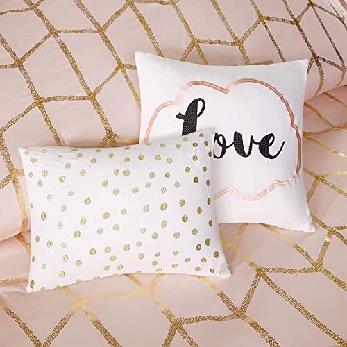 Intelligent Design Raina King/Cal King Comforter Set, Soft Microfiber, Modern Geometric Metallic Bed Set, 5 Pieces College Bedding with 2 Shams, 2 Toss Pillows Blush/Gold Intelligent Design