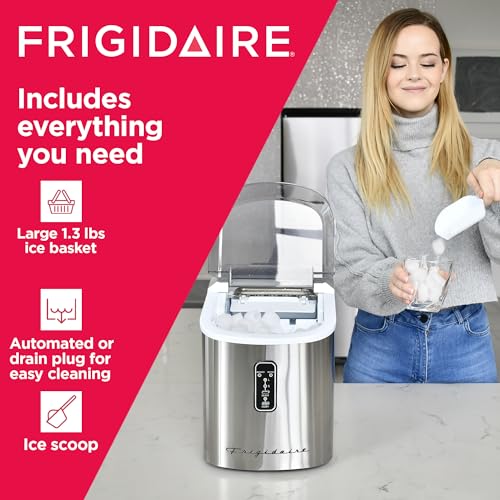 Frigidaire EFIC103-AMZ-SC Counter Top Maker with Over-Sized Ice Bucket, Stainless Steel, Self Cleaning Function, Heavy Duty, Stainless Frigidaire