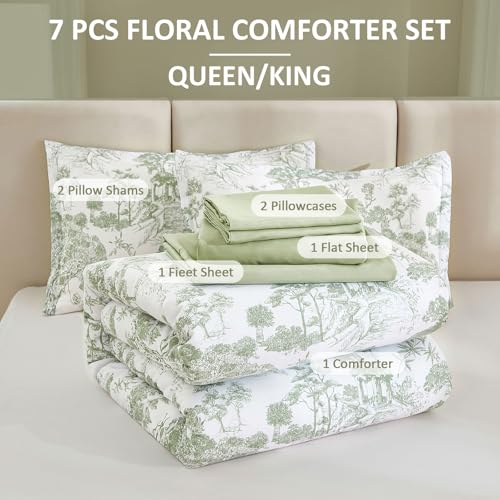 DJY Sage Green Comforter Set King, 7 Pieces Bed in a Bag King Size Botanical Comforters with Sheets Elegant Plants Print Soft Microfiber Reversible Complete Bedding Sets for All Season DJY