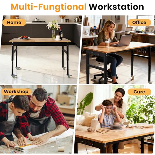 Heavy-Duty Adjustable Garage Workbench 60" L x 24" W – 2000 LBS Capacity with ETL Power Outlet, Rubberwood Top for Woodworking, Welding, Crafting & Home Office (29.5"-39.4" Height Adjust) EliteEdge