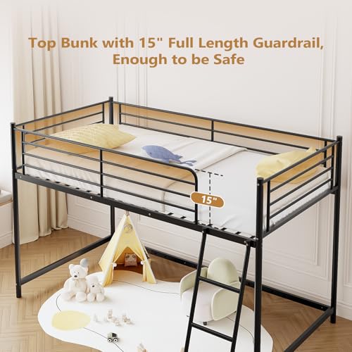 Bonnlo Low Loft Bed Twin Size, Metal Twin Bed Frame with Sloped Ladder & Safety Railings, Minimalist Space-Saving Design for Kids & Teens, Suitable for Bedrooms & Dorms, Mattress Not Included (Black) Bonnlo