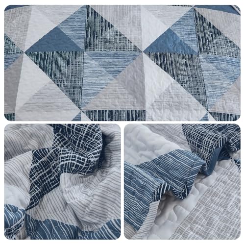 Dintszyayue King Size Quilt Blue, 3 Pieces Patchwork Bedspread Bedding for King Size Bed, Soft Lightweight Microfiber Geometric Coverlet Set for All Season Quilts with 2 Pillowcases Dintszyayue