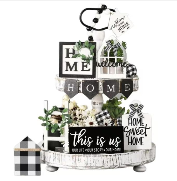 Tiered Tray Decor Set for Rustic Home Country Kitchen Dining Room Living Room Table Decorations Farmhouse Modern White and Black Tray Decorative with Wooden Beads and Board (No Tray) MKER HOME