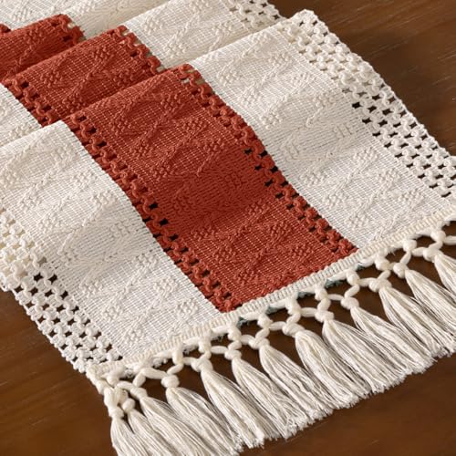 DeZerlor Boho Macrame Table Runner Terracotta Fall Farmhouse Woven Small Table Runner with Tassels 48 Inches Ivory& Rust Cotton Linen Kitchen Table Centerpiece for Dining Dresser Home Tea Table Decor DeZerlor