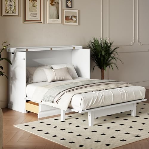 Hlcodca Murphy Cube Cabinet Bed with USB Charging Station, Solid Pine Murphy Bed Cabinet with Large Drawer, Queen Size Bed Frame for Guest Room, Home, Office (White-k) Hlcodca