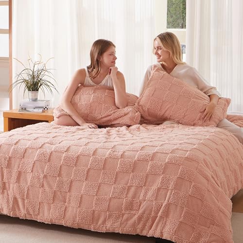 Joiedomi Tufted Full Size Comforter Set, 3 Pieces Coral Pink Boho Full Bedding Set with 1 Plaid Geometric Comforter and 2 Pillow Shams, Checkered Bed in a Bag for All Seasons Joiedomi