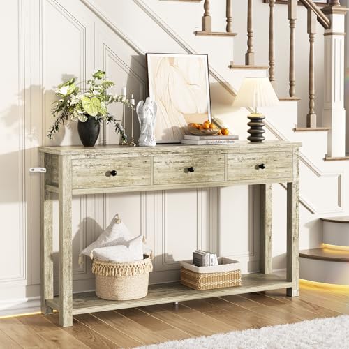 Homieasy Farmhouse Console Table with 3 Drawers, 47 Inch Wood Sofa Table with Storage Shelf for Living Room, Behind Couch, Entryway Table for Hallway, Living Room, or Foyer, Light Rustic Oak Homieasy