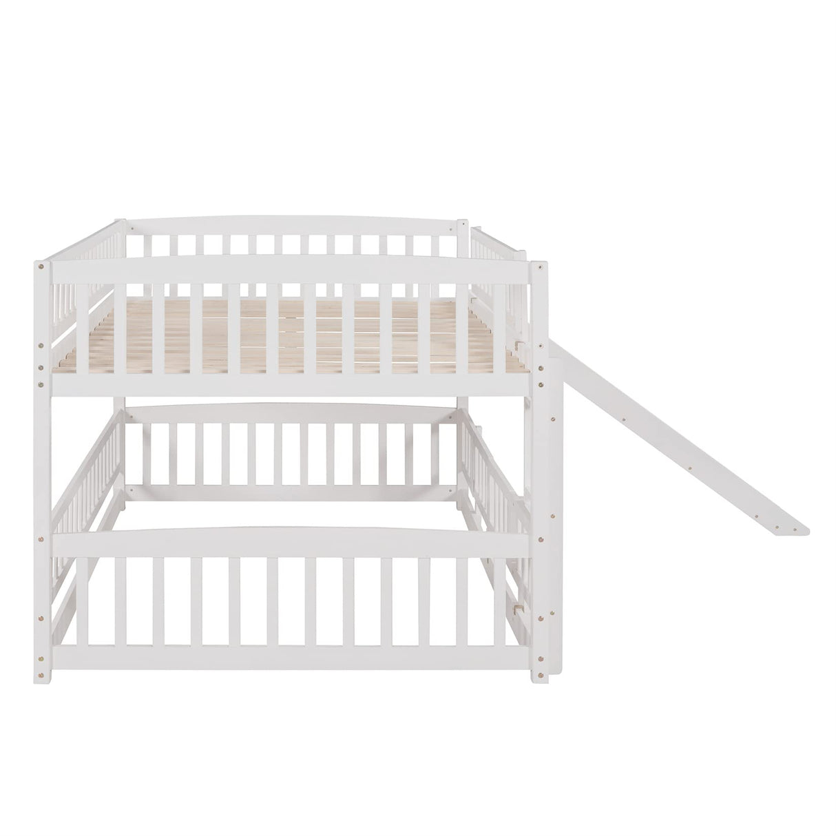Bellemave Full Over Full Low Bunk Bed with Slide and Fence Railings Wood Floor Bunk Beds with Ladder for Toddler Kids Boys Girls Teens, White Bellemave