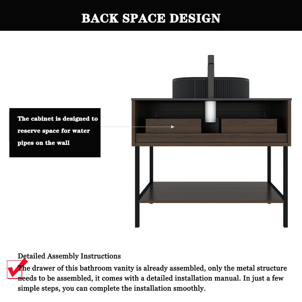 36 Inch Bathroom Vanity with Sink, Dark Walnut Vanity Bathroom Sink and Cabinet Combo, Bathroom Vanities w/Drawer and Metal Supporting Structure & Freestanding Striped Design - Miami, Dark Walnut RAINLUX