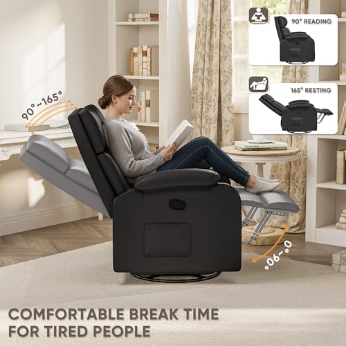 Homall Recliner Chair, 360 Swivel Rocking Chair for Adults, Massage Nursery Chair with Adjustable Backrest and Footrest, PU Leather Glider Rocker Recliners with Side Pocket for Living Room (Black) Homall
