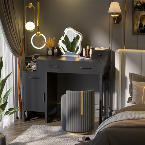 Vanity Desk with 4 Storage Drawers - Modern Makeup Vanity Table with Charging Station, Black Vanity Desk with Reversible Cabinet Dressing Table Set with Divided Organizers for Women Girls, Black Besiost