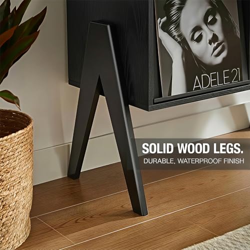 Record Player Stand with Vinyl Storage, 32" Turntable Stand with Flip-Up Album Display, Mid Century Modern Black Vinyl Record Storage Cabinet, Audio Media Console Table with V-Shape Legs FurnPulse