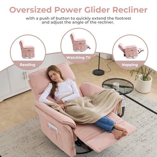 Rhevoy Oversized Power Recliner Chair Swivel Glider with Massage and Heat, Rocker Nursery Recliner for Adults with Adjustable Headrest, 26" Extra Wide Nursery Chair with Overstuffed Armrest,Pink
