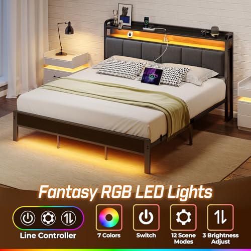 Rolanstar Bed Frame King Size with Charging Station and LED Lights, Upholstered Headboard with Storage Shelves, Heavy Duty Metal Slats, No Box Spring Need, Noise Free, Easy Assembly, Dark Grey Rolanstar