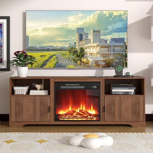 Fireplace TV Stand for Television up to 80 Inch,Entertainment Center with Adjustable Shelf,Mid-Century Modern Fluted TV Stand with 23" Electric Fireplace,Media Console for Living Room,Bedroom Mxtxmy