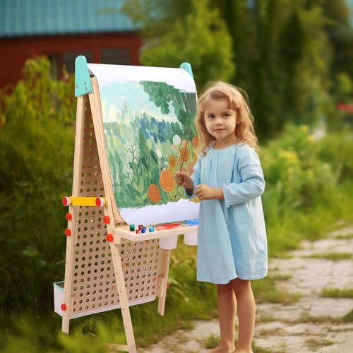 WINGYZ Kids Easel Wooden Marble Run for Kids 3-7, 4-in-1 Toddler Art Easel for Kids 2-4 Painting Station Stand Drawing, Double-Sided 6 Heights Black Chalkboard Magnetic Whiteboard Paper Roll Holder wingyz