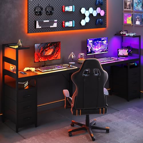 YOUDENOVA 48 Inch Gaming Computer Desk with Led Lights, Small Desk with Storage Shelves and Drawers, Reversible Compact Gamer Table for Home Office, Carbon Fiber Black YOUDENOVA