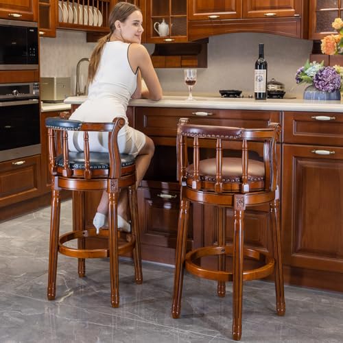 AULIFE Cow top Leather Upholstered and Wooden Legs Set of 2 Bar Stools, 360 Degree Swivel Bar Height Contemporary Leisure Style Bar Stool Chair for Home Kitchen Counter, Dining Room, Restaurant,2pcs AULIFE