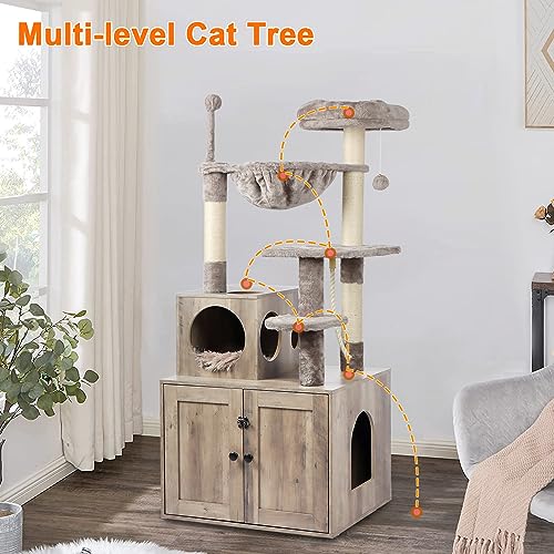 Timberer Cat Tree with Litter Box Enclosure, 2-in-1 Cat Tower for Indoor Cats, Large Cat Furniture, Wood Cat Condo with Basket, Scratching Posts, Pompoms, Grey Timberer