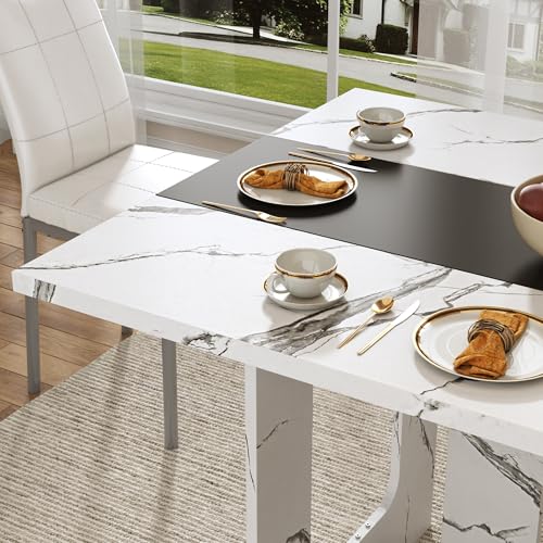 St.Mandyu 7 Pieces Dining Table & Chairs Set for 4-8 People, 71 Inch Kitchen Table with 6 Chairs, Rectangle Dining Table with Wooden Legs for Dining Room, Living Room, White St.Mandyu