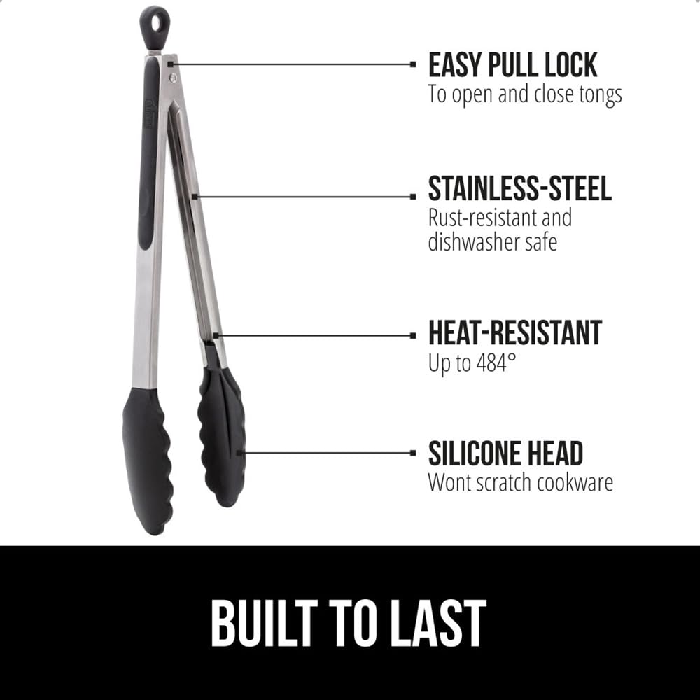 Gorilla Grip Stainless Steel Heat Resistant Kitchen Tongs for Cooking, 9 + 12 Inch, Set of 2 BBQ Tong, Non Scratch Silicone Tip for Pan, Strong Grip, Grab Food, Toss Salad, Air Fryer, Pull Lock, Black Gorilla Grip