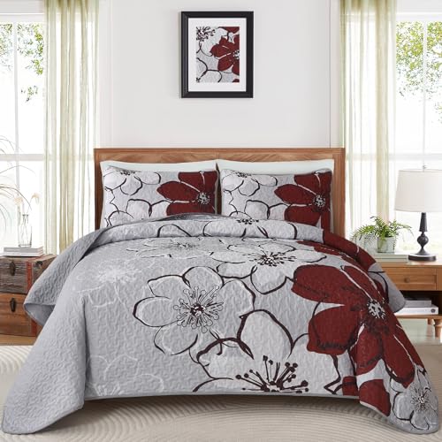 Luxudecor Floral Quilt Set Queen 3 Pieces Red Flower Quilt Coverlet Set with 2 Pillow Cases, Lightweight Soft Microfiber Reversible Boho Bedspread for All Seasons 96"x90" Luxudecor