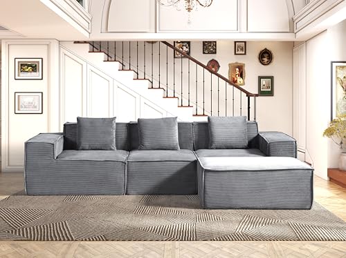 Container Furniture Direct Rowan Convertible Corduroy Sectional Couch with Ottoman & Pillows, Modular L Shaped Sleeper Sofa, Boneless Cloud Couch for Living Room Furniture, Dark Grey Container Furniture Direct