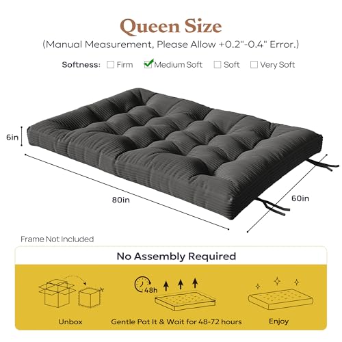 Furnify 6" Futon Mattress Queen Size, Futons Sofa Couch Bed with Straps, Thick Corduroy Fabric Floor Mattress for Adults, Foldable Mattress with Shredded Foam Filling (Frame Not Included), Grey Furnify
