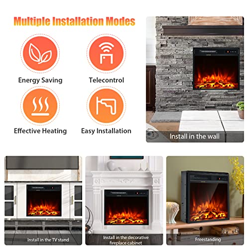Tangkula 18 Inch Recessed Electric Fireplace Insert, 1500W Freestanding Fireplace Stove Heater W/Adjustable Flame Effect & Temperature, Built-in Thermostat, Timing Function, Remote Control Tangkula