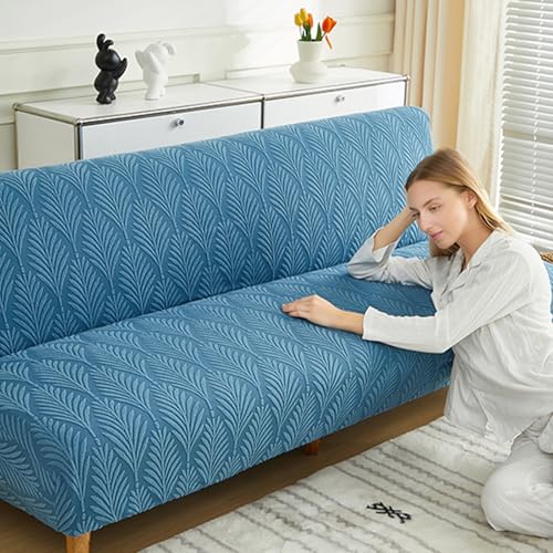 Stretch Armless Futon Sofa Cover- Futon Slipcover Full Queen Size Futon Couch Cover, Furniture Protector with Elastic Bottom, Washable, Polyester Spandex Jacquard Fabric (Orange, Medium(61"-73")) SUIOKPO