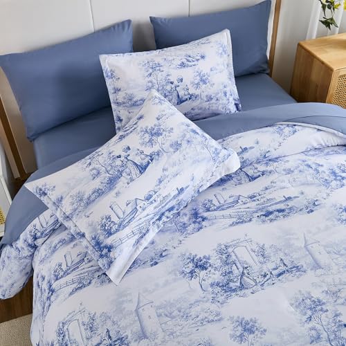 WONGS BEDDING Blue Comforter Set King, 7 Pieces Bed in a Bag Farmhouse Comforter with Sheets, French Toile Bedding Set, Soft Lightweight Microfiber Botanical Print Complete Bed Set for All Season WONGS BEDDING