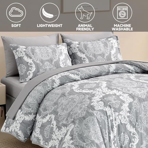 WONGS BEDDING Grey Comforter Set Queen Size, Damask Texture 7 Pieces Gray Bed in a Bag Microfiber Boho Comforter Bedding Sheet Set with Comforter, Flat Sheet, Fitted Sheet,Pillow Shams,Pillowcases WONGS BEDDING
