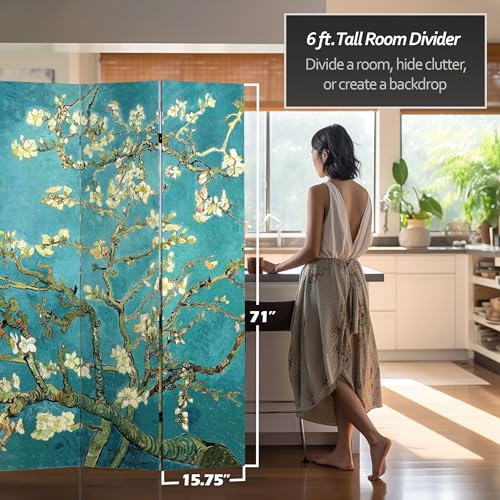 Red Lantern Double Sided Works of Van Gogh Canvas Folding Screen - Almond Blossoms/Wheat Field, 6 ft Tall - 4 Panel Red Lantern
