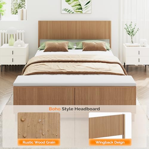 VINGLI Fluted King Bed Frame with headboard and Storage Bench, Boho Wooden Single Platform Panel Bed with Wingback Headboard and 4 Drawers,Mid-Century Modern Sleign Bed,Oak VINGLI