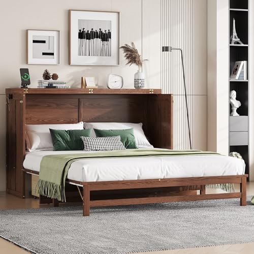 KALALLA Queen Size Murphy Cabinet Bed with Large Storage Drawers and USB Charging Station, Cube Murphy Chest Dresser Foldable Bed, Space Saving for Bedroom, Home Office, Walnut KALALLA