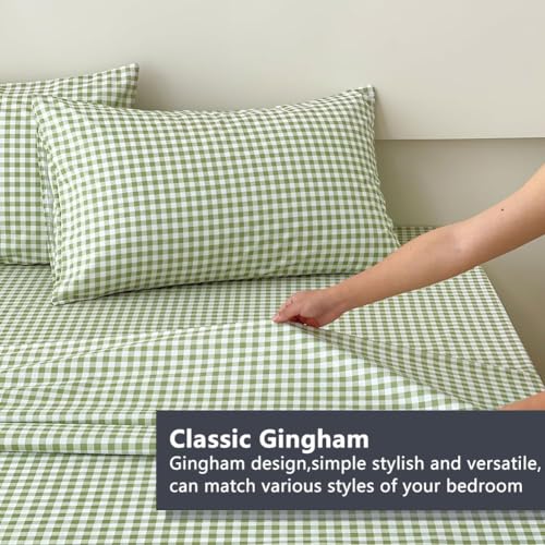 NSNLGSGC Sage Green Gingham Full Sheet Set, Soft Brushed Microfiber Plaid Full Bed Sheets, 4-Pieces Grid Sheet Set with Deep Pocket NSNLGSGC